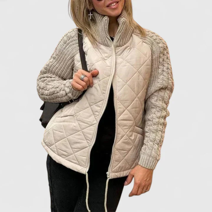 Effortless Quilted Jacket for Women with High Neck Long Sleeve Cable Knit Zip Front Style