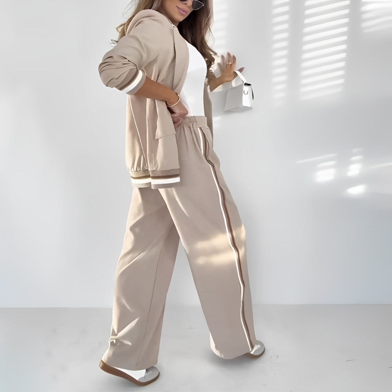 Elegant Striped Two Piece Set for Women with Notched Lapel Blazer Wide Leg Pant Office Style