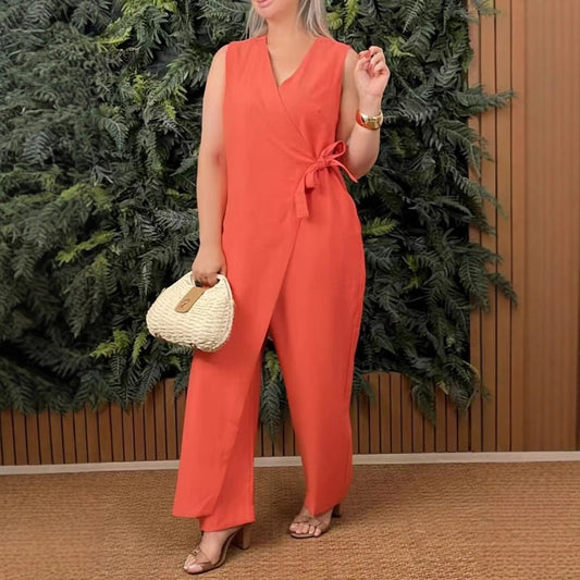 Elegant Wrap Front Jumpsuit for Women with V Neck Sleeveless Wide Leg Belted Style