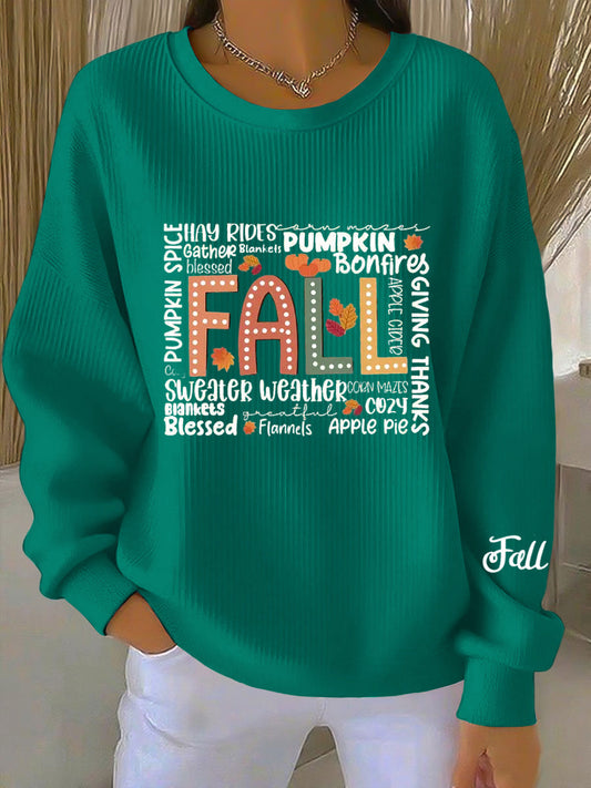 Comfortable Blue Green Fall Graphic Sweatshirt for Women with Crew Neck Long Sleeve Ribbed Oversized Style