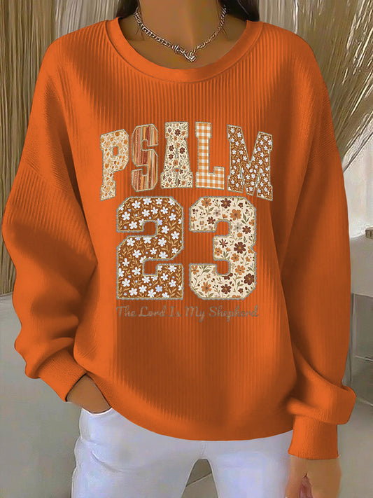 Comfortable Orange Ribbed Sweatshirt for Women with Crew Neck Long Sleeve Varsity Graphic Oversized Casual Style