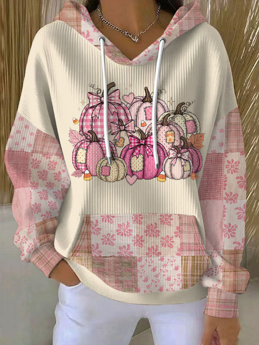 Comfortable Beige Patchwork Pumpkin Print Hoodie for Women with Drawstring Hood Long Sleeve Kangaroo Pocket Oversized Style
