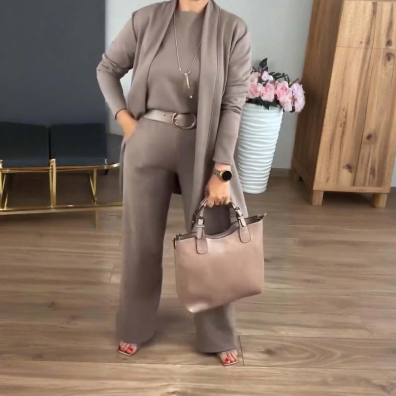 Elegant Wide Leg Three Piece Set for Women with Open Front Long Cardigan Relaxed Formal Style