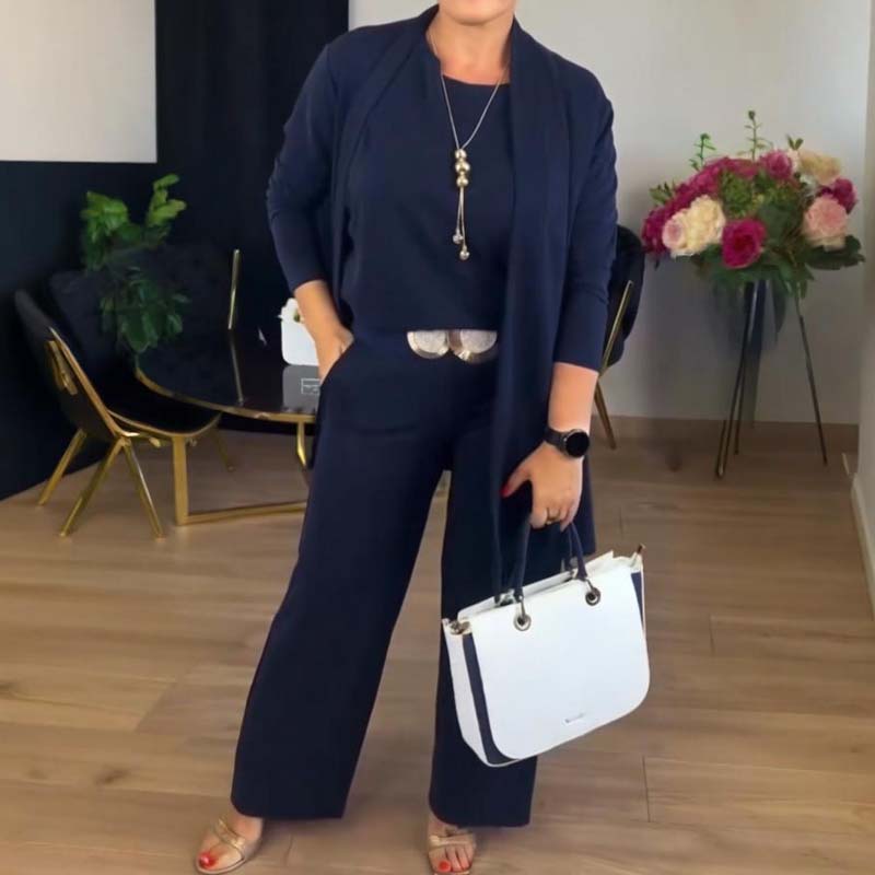 Elegant Wide Leg Three Piece Set for Women with Open Front Long Cardigan Relaxed Formal Style