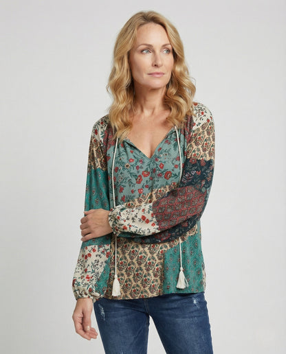 Effortless Patchwork Floral Blouse for Women with Tie Neck Long Sleeve Blouson Bohemian Style