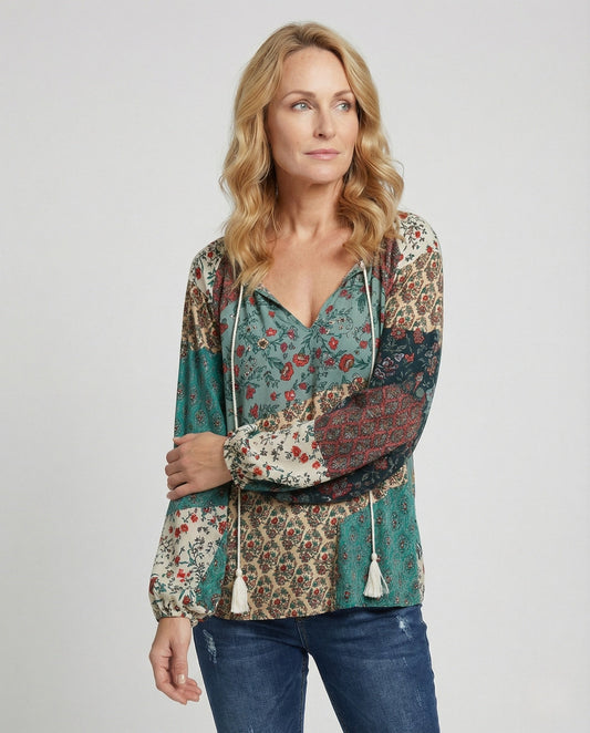 Effortless Patchwork Floral Blouse for Women with Tie Neck Long Sleeve Blouson Bohemian Style