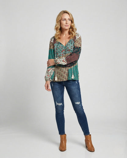 Effortless Patchwork Floral Blouse for Women with Tie Neck Long Sleeve Blouson Bohemian Style