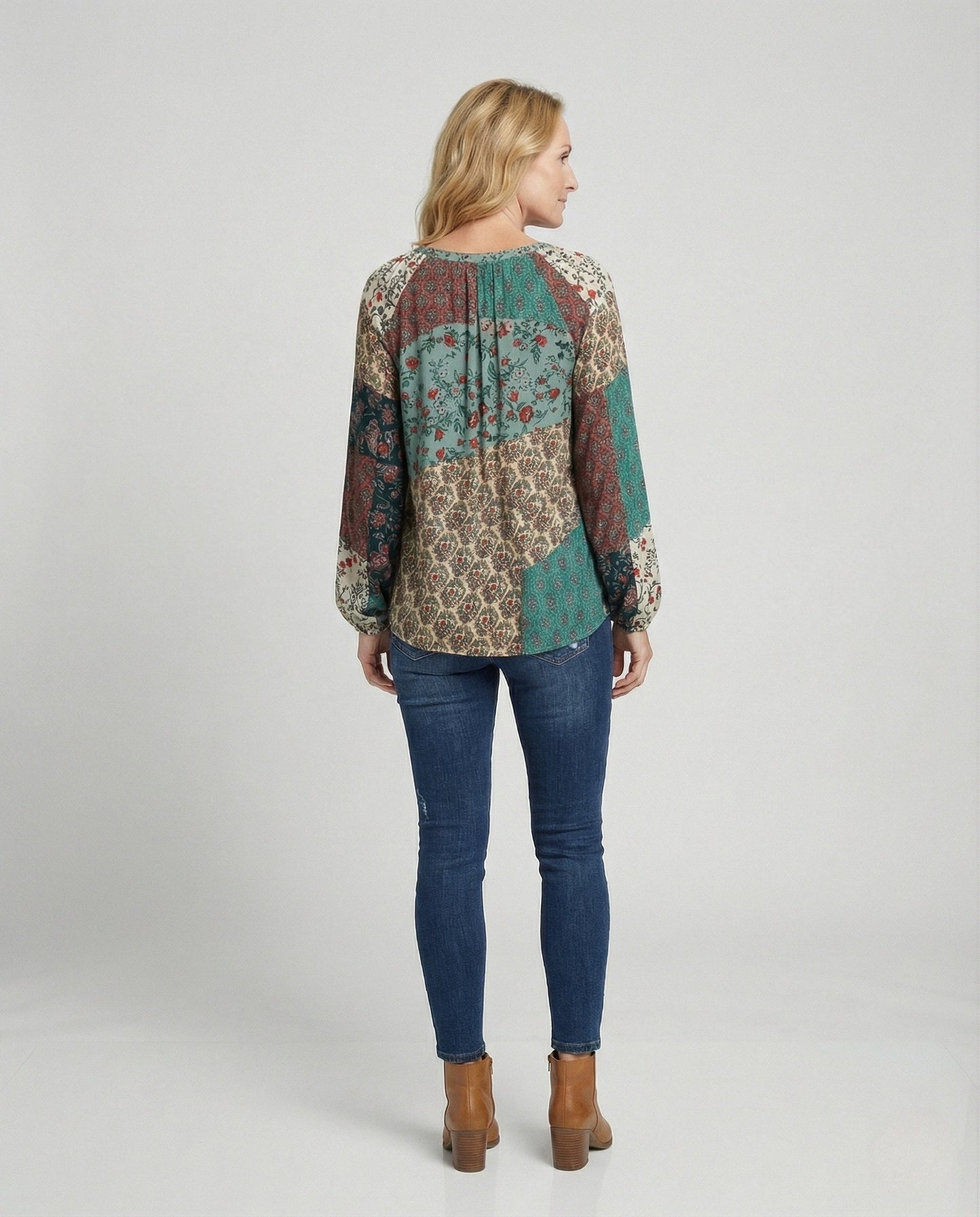 Effortless Patchwork Floral Blouse for Women with Tie Neck Long Sleeve Blouson Bohemian Style
