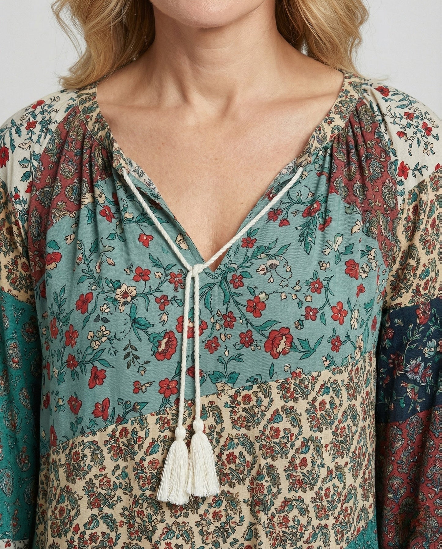 Effortless Patchwork Floral Blouse for Women with Tie Neck Long Sleeve Blouson Bohemian Style