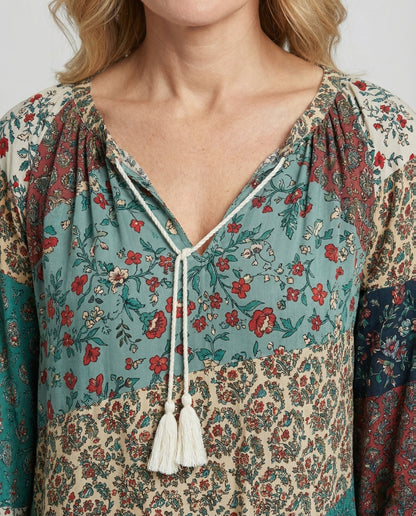 Effortless Patchwork Floral Blouse for Women with Tie Neck Long Sleeve Blouson Bohemian Style