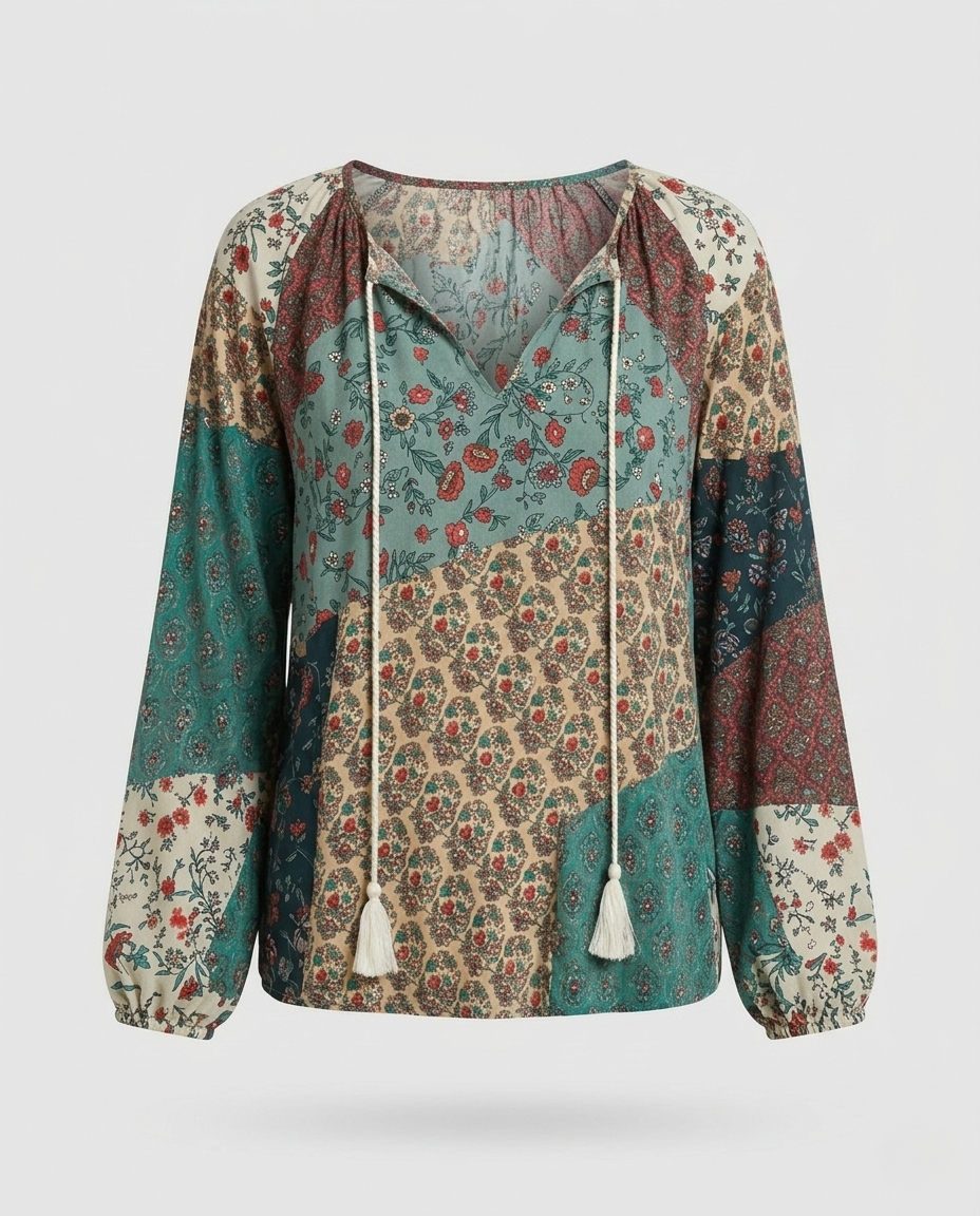 Effortless Patchwork Floral Blouse for Women with Tie Neck Long Sleeve Blouson Bohemian Style
