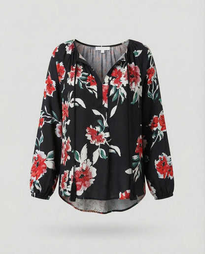 Effortless Patchwork Floral Blouse for Women with Tie Neck Long Sleeve Blouson Bohemian Style