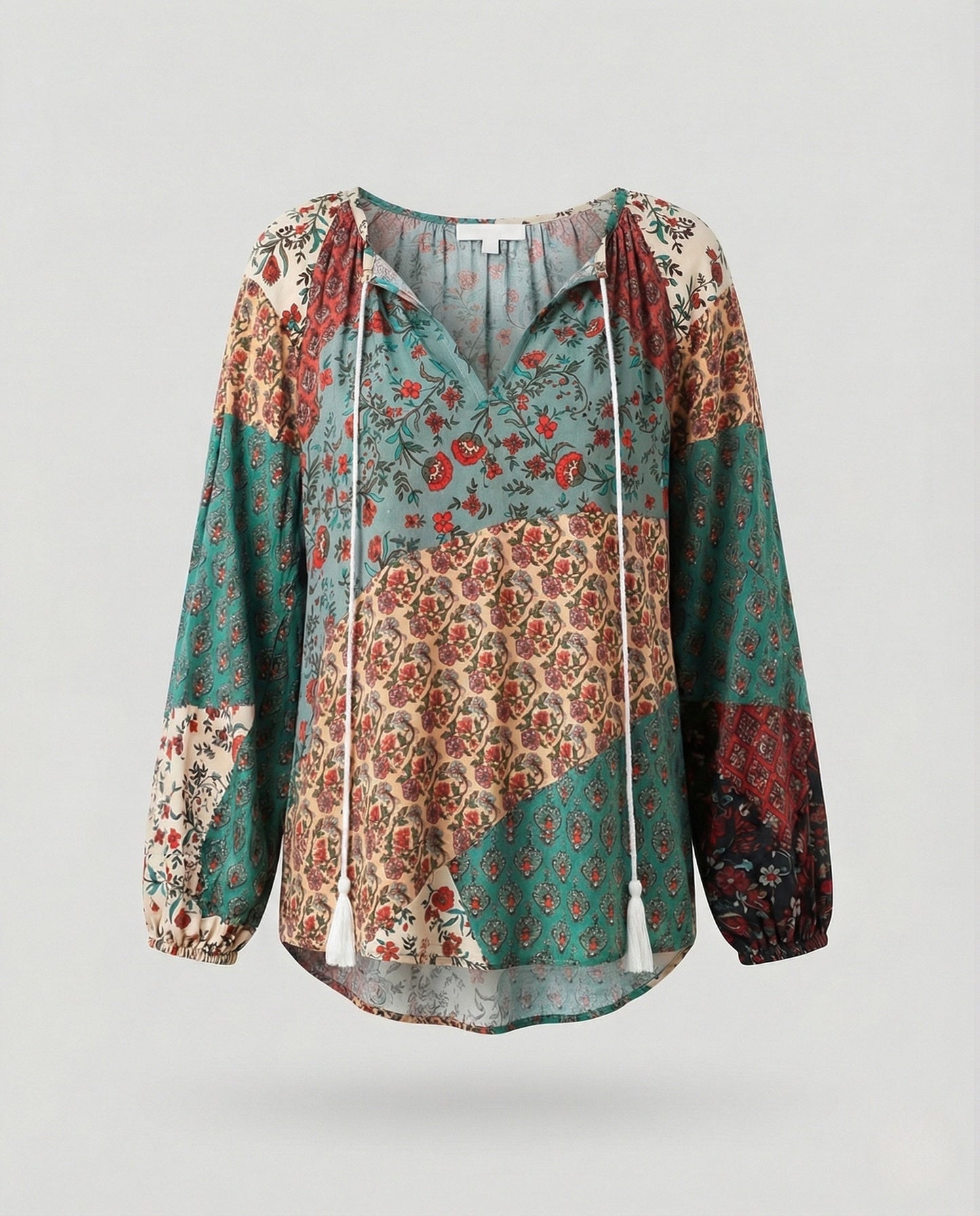 Effortless Patchwork Floral Blouse for Women with Tie Neck Long Sleeve Blouson Bohemian Style