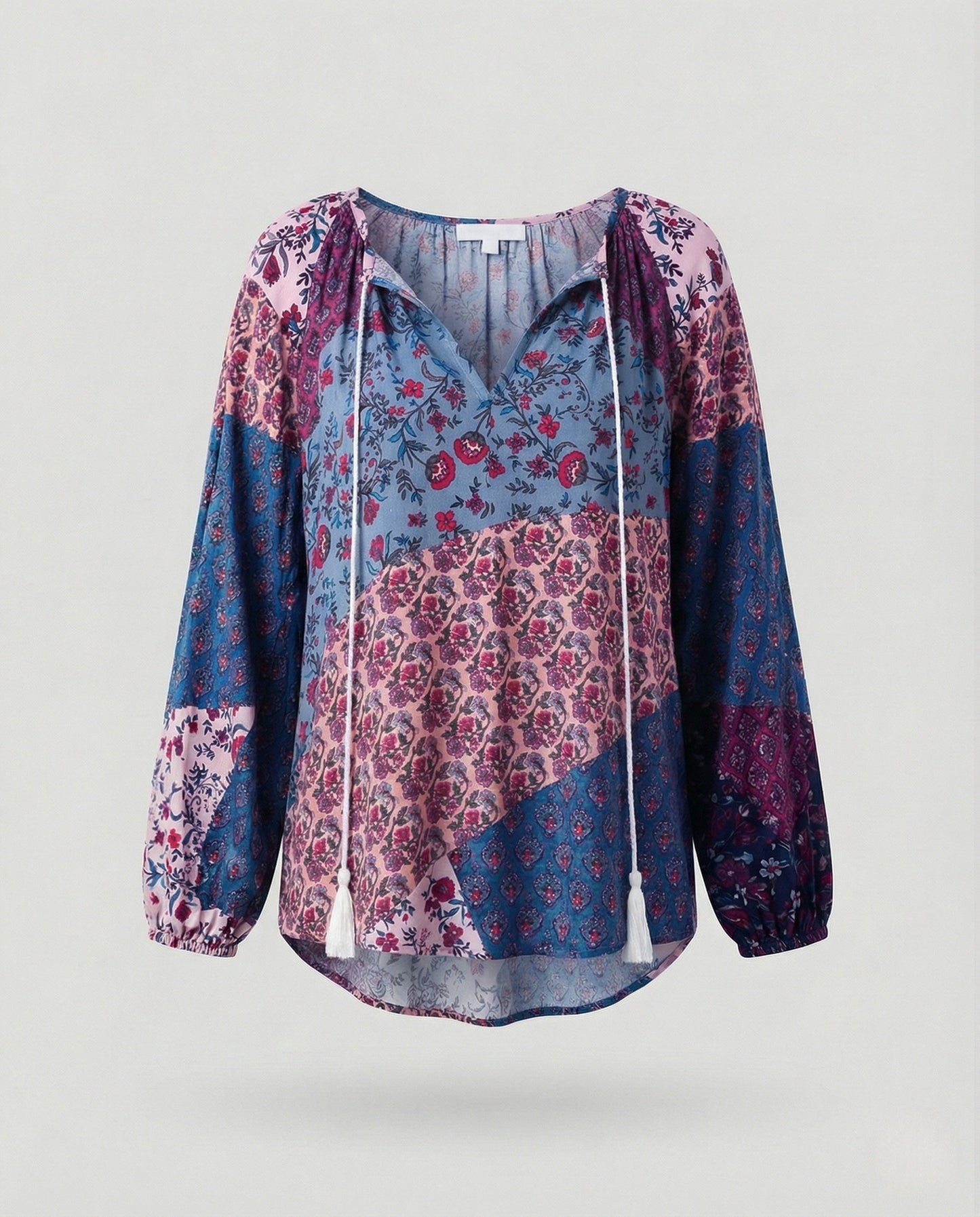 Effortless Patchwork Floral Blouse for Women with Tie Neck Long Sleeve Blouson Bohemian Style