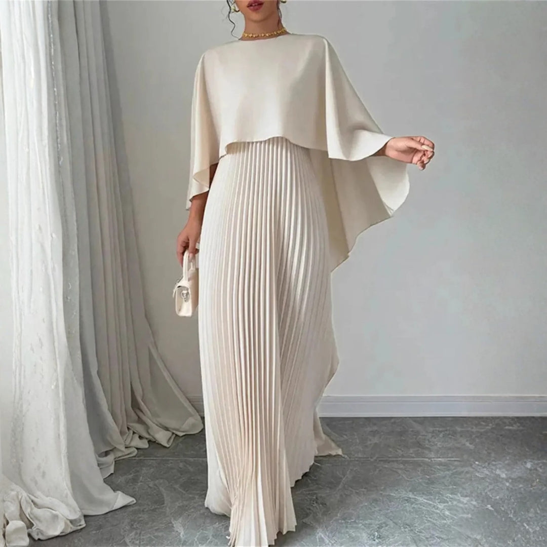 Elegant Pleated Maxi Dress for Women with High Neck Cape Sleeve Flowing Wedding Guest Style