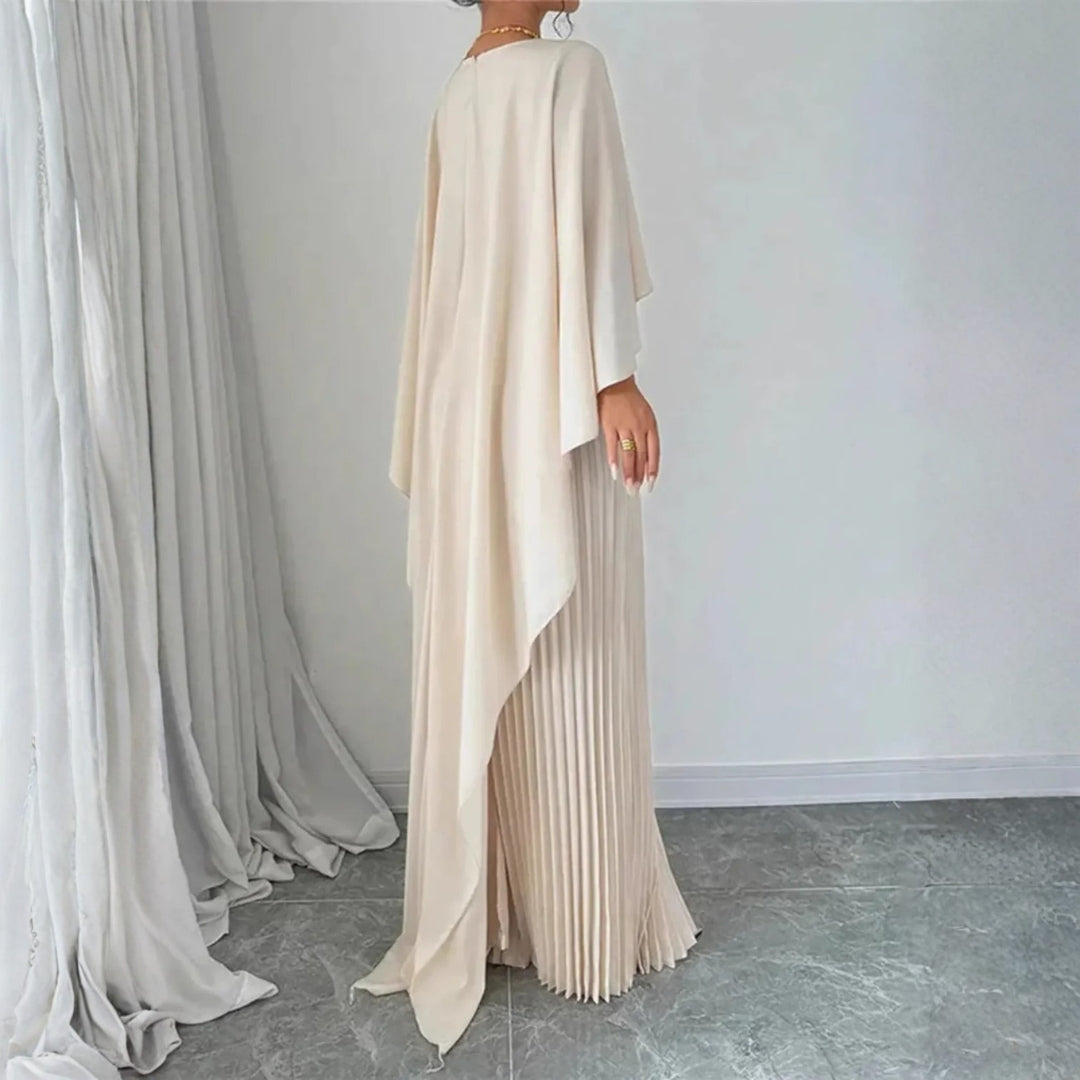 Elegant Pleated Maxi Dress for Women with High Neck Cape Sleeve Flowing Wedding Guest Style