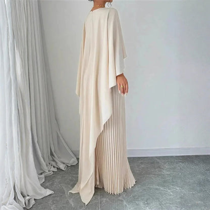 Elegant Pleated Maxi Dress for Women with High Neck Cape Sleeve Flowing Wedding Guest Style