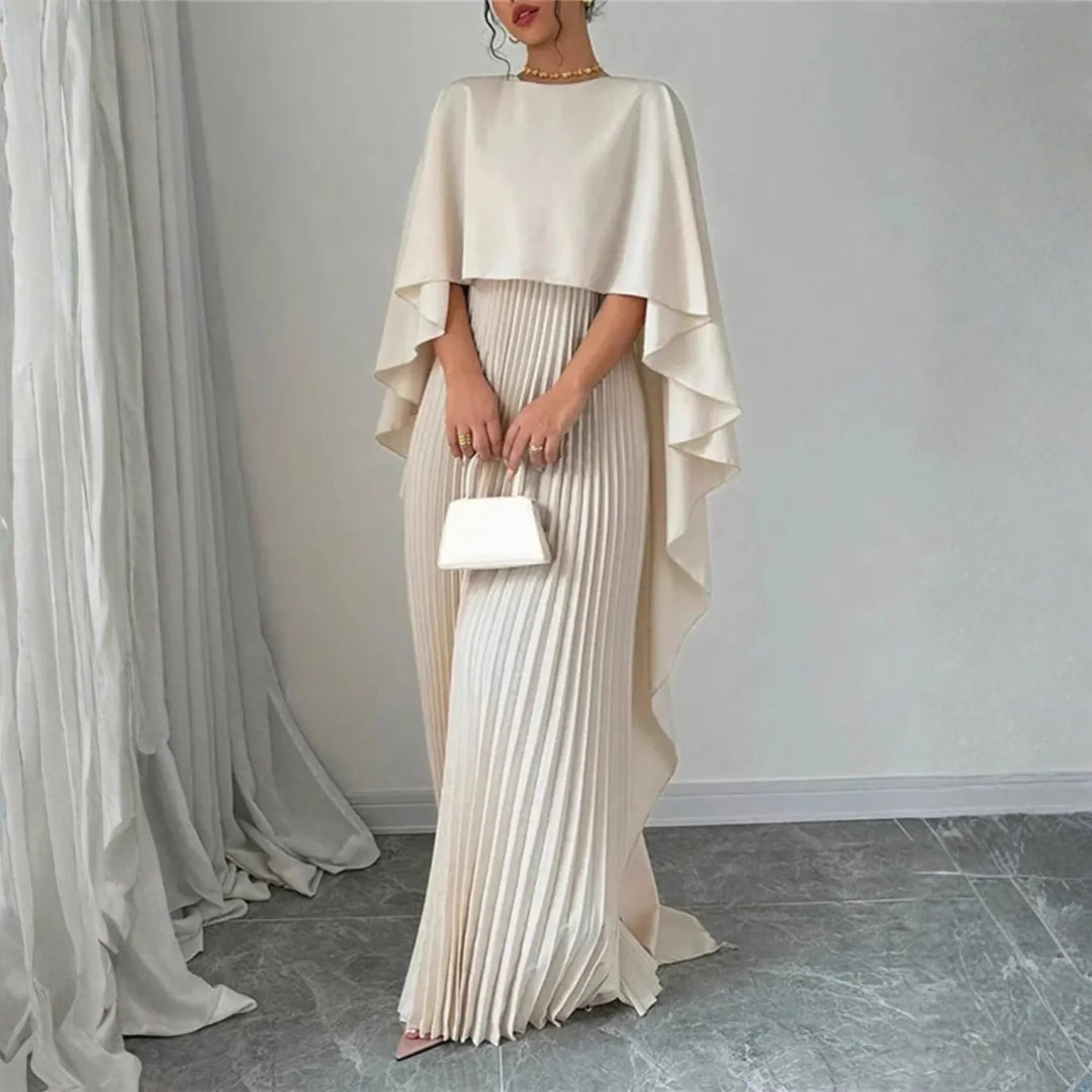 Elegant Pleated Maxi Dress for Women with High Neck Cape Sleeve Flowing Wedding Guest Style