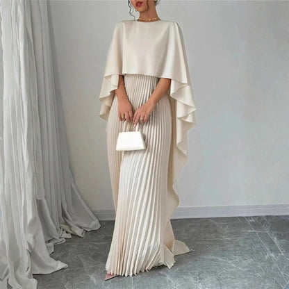 Elegant Pleated Maxi Dress for Women with High Neck Cape Sleeve Flowing Wedding Guest Style