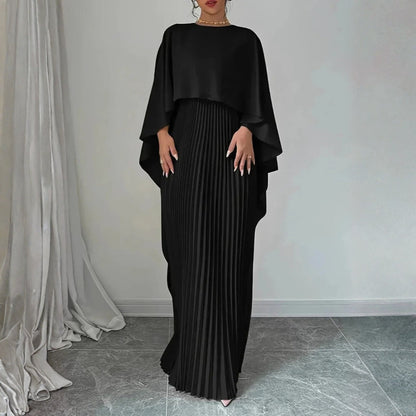 Elegant Pleated Maxi Dress for Women with High Neck Cape Sleeve Flowing Wedding Guest Style