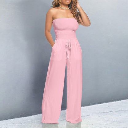 Effortless Wide Leg Jumpsuit for Women with Strapless Smocked Drawstring Waist Relaxed Style