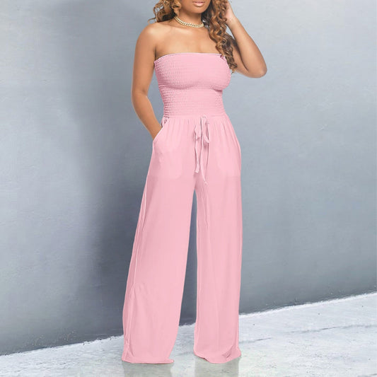 Effortless Wide Leg Jumpsuit for Women with Strapless Smocked Drawstring Waist Relaxed Style