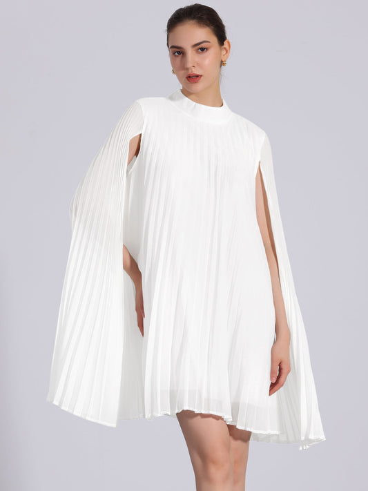 Elegant White Mini Dress for Women with Cape Sleeve Pleated Flowing Style