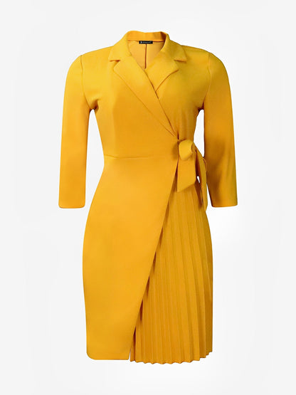 Elegant Yellow Wrap Dress for Women with Collar Elbow Sleeve Pleated Tie Waist