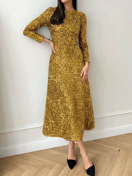 Elegant Sequin Maxi Dress for Women with Round Neck Long Sleeve Flowing Sparkle Autumn Wedding Guest Style