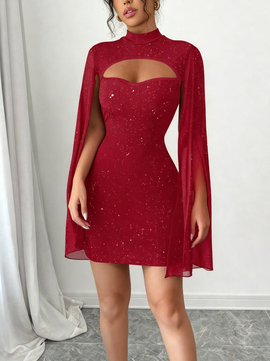 Elegant Sequin Birthday Dress for Women with Cutout High Neck Cape Sleeve