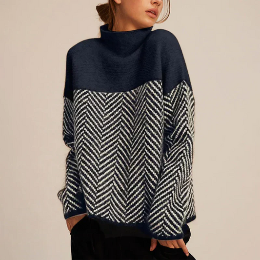 Comfortable Herringbone Colorblock Sweater for Women with Turtleneck Long Sleeve Relaxed Oversized Knit Style