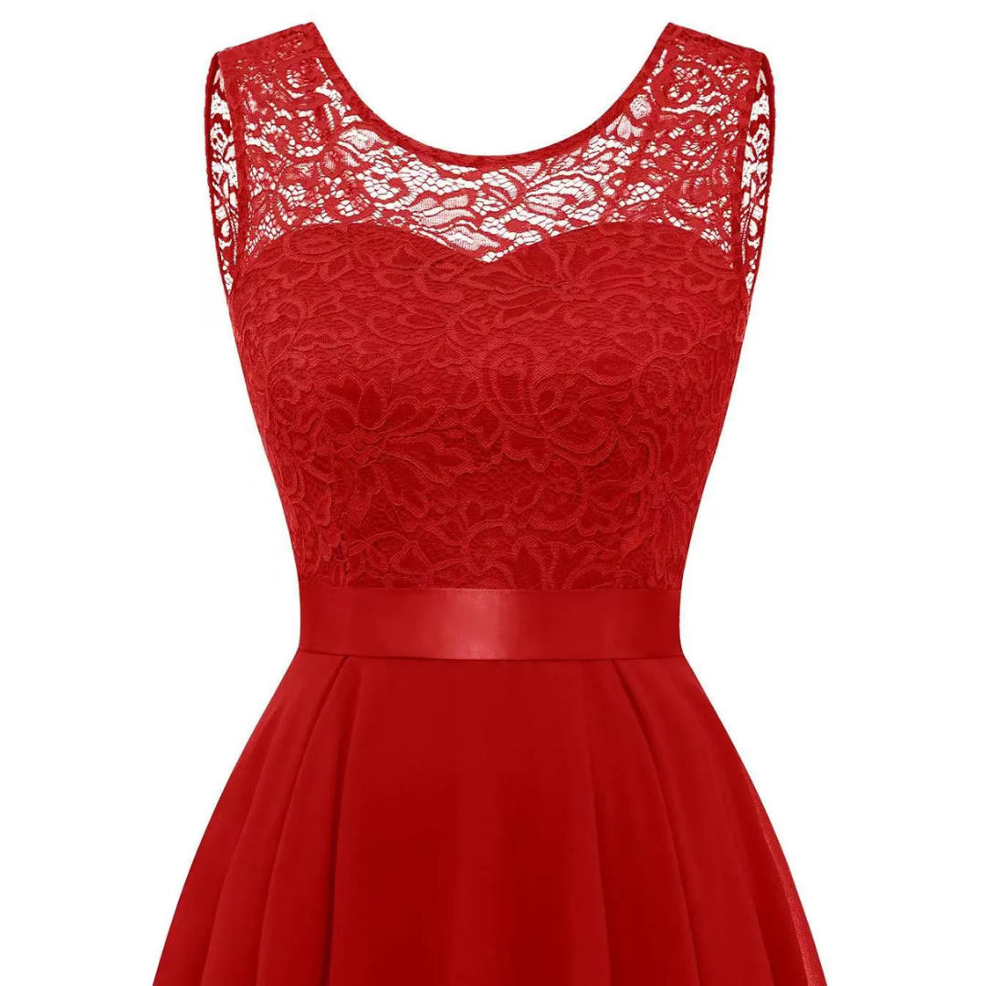 Elegant Lace Chiffon Cocktail Dress for Women with Round Neck Sleeveless High Low Hem Wedding Guest Style