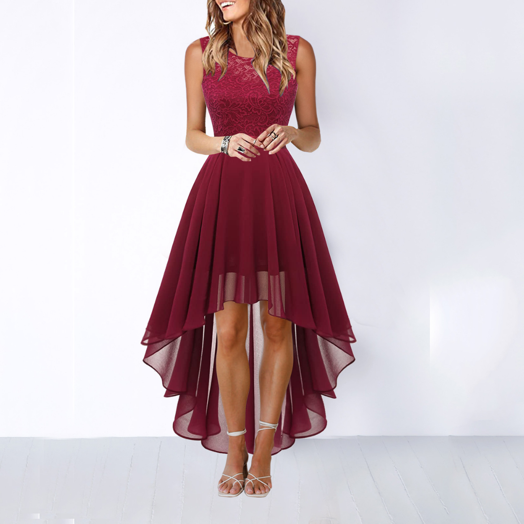 Elegant Lace Chiffon Cocktail Dress for Women with Round Neck Sleeveless High Low Hem Wedding Guest Style