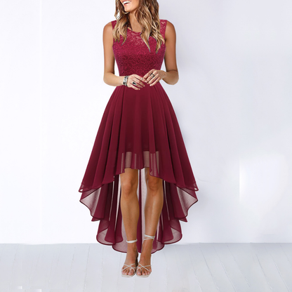 Elegant Lace Chiffon Cocktail Dress for Women with Round Neck Sleeveless High Low Hem Wedding Guest Style