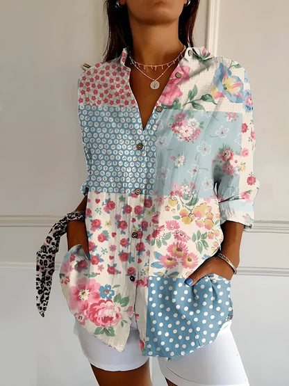 Effortless Floral Blouse for Women with Collar Long Sleeve Button Front Relaxed Casual Style