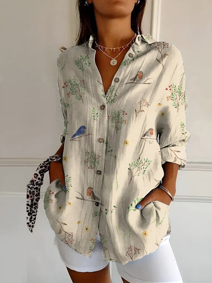 Effortless Floral Print Blouse for Women with Collar Long Sleeve Button Front Relaxed Casual Style