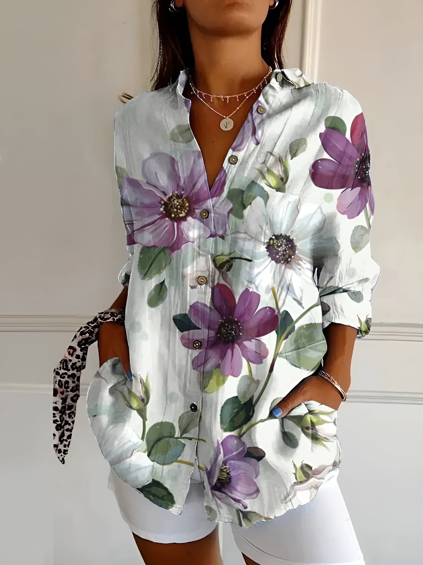 Effortless Floral Blouse for Women with Collar Long Sleeve Button Front Relaxed Casual Style