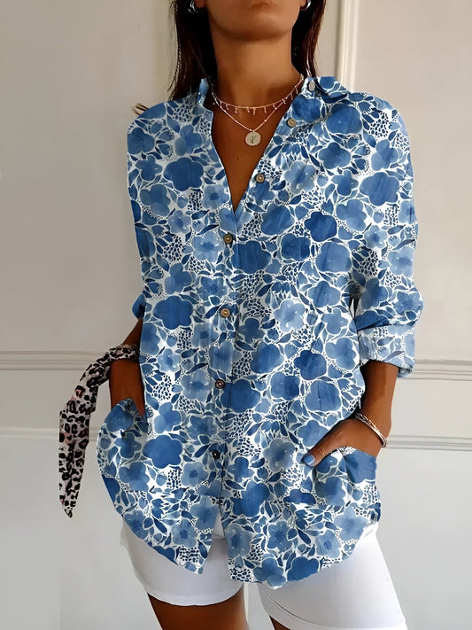 Effortless Floral Print Blouse for Women with Collar Long Sleeve Button Front Relaxed Casual Style