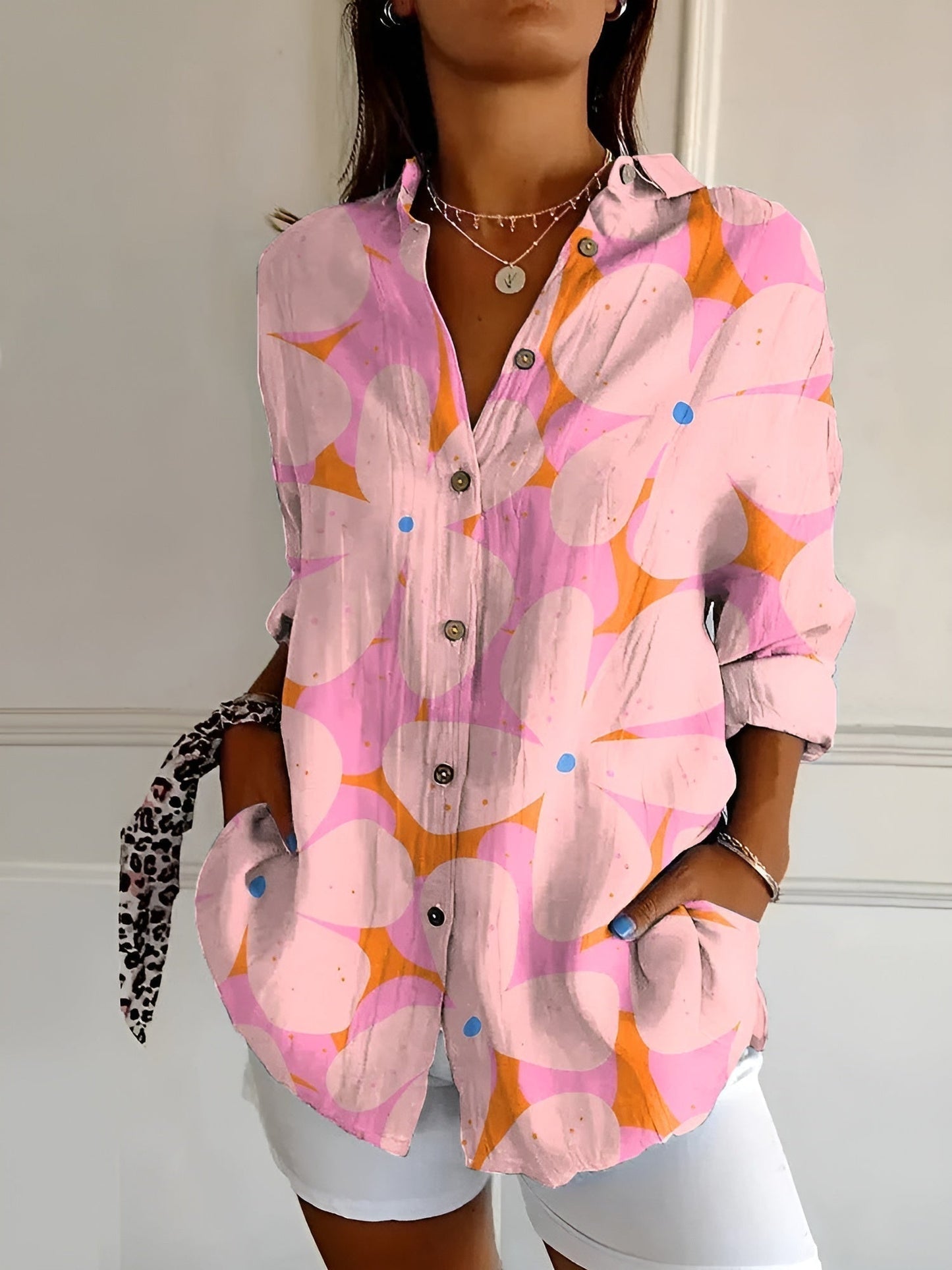 Effortless Floral Blouse for Women with Collar Long Sleeve Button Front Relaxed Casual Style