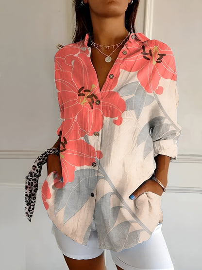 Effortless Floral Blouse for Women with Collar Long Sleeve Button Front Relaxed Casual Style