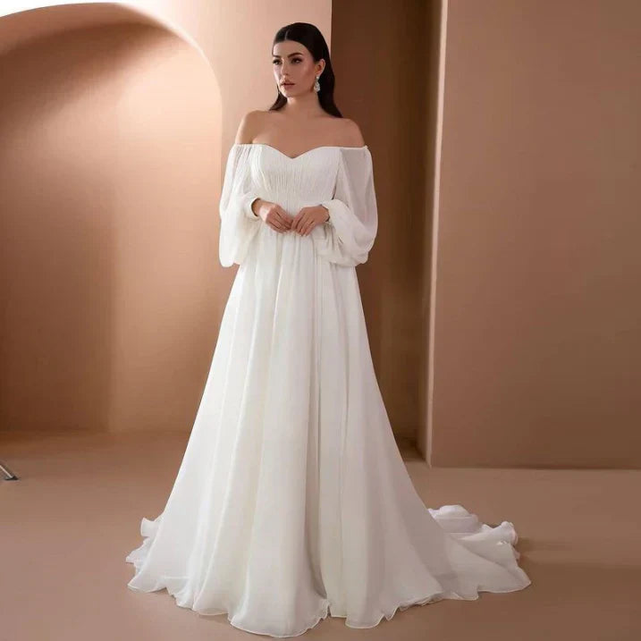 Elegant White Wedding Gown for Women with Off Shoulder Balloon Sleeve Ruched A Line Style