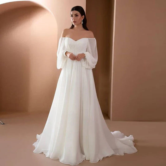 Elegant White Wedding Gown for Women with Off Shoulder Balloon Sleeve Ruched A Line Style