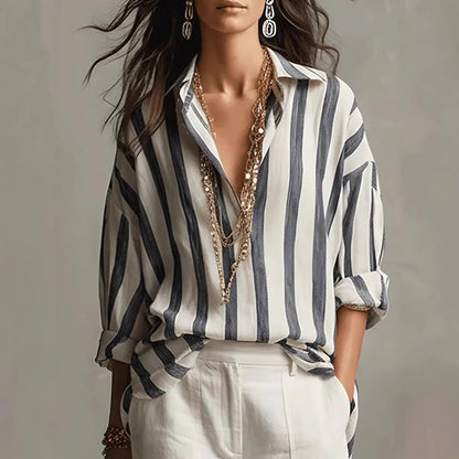 Effortless Striped Blouse for Women with Collar Long Sleeve Relaxed Oversized Boho Style