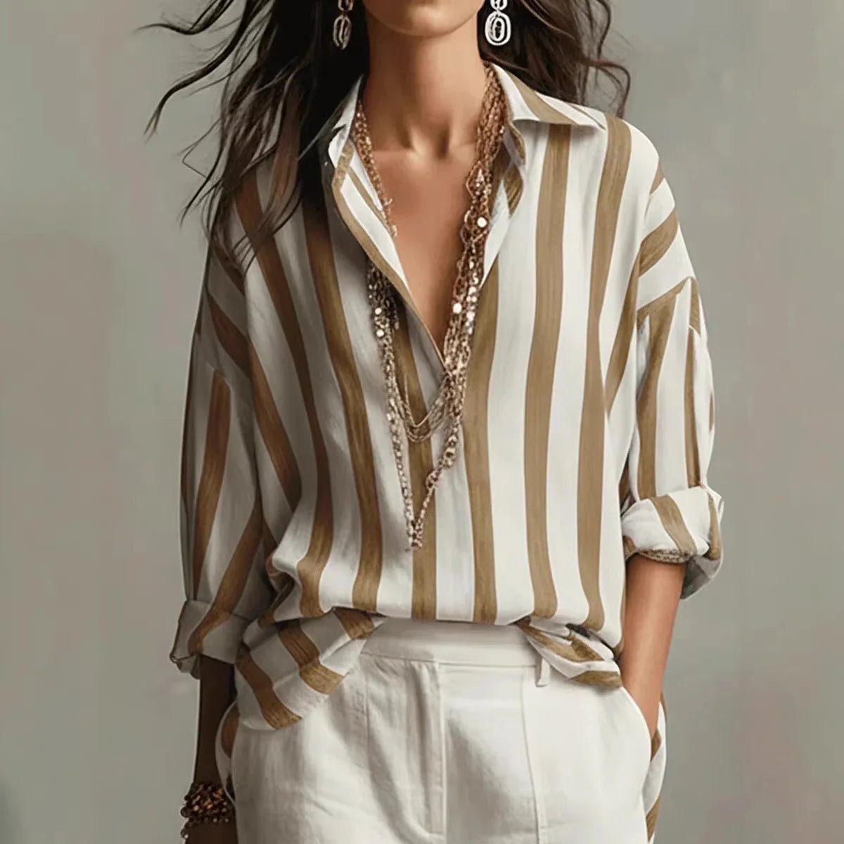 Effortless Striped Blouse for Women with Collar Long Sleeve Relaxed Oversized Boho Style