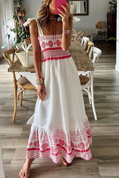Effortless White Boho Print Maxi Dress for Women with Square Neck Sleeveless Smocked Bodice Bohemian Style