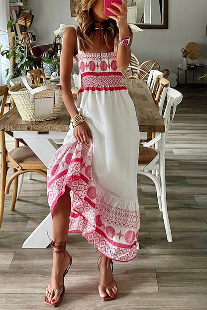 Effortless White Boho Print Maxi Dress for Women with Square Neck Sleeveless Smocked Bodice Bohemian Style