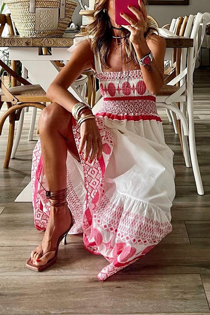 Effortless White Boho Print Maxi Dress for Women with Square Neck Sleeveless Smocked Bodice Bohemian Style