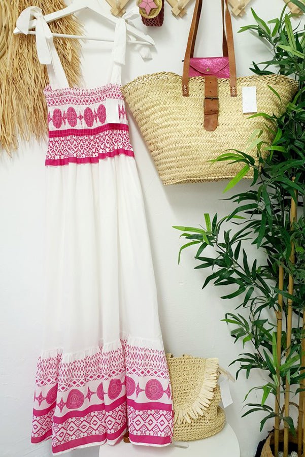 Effortless White Boho Print Maxi Dress for Women with Square Neck Sleeveless Smocked Bodice Bohemian Style