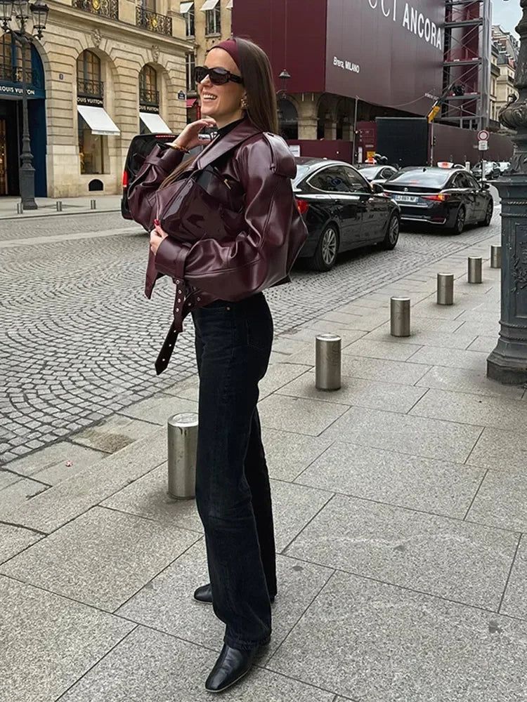 Elegant Burgundy Leather Jacket for Women with Notch Collar Long Sleeve Oversized Belted Moto Style