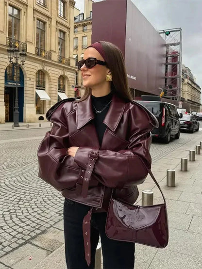 Elegant Burgundy Leather Jacket for Women with Notch Collar Long Sleeve Oversized Belted Moto Style